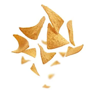 Corn chips of triangular shape levitate on a white background 스톡 사진
