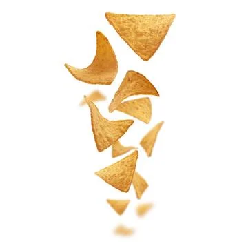 Corn chips of triangular shape levitate on a white background 스톡 사진