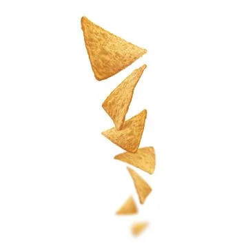 Corn chips of triangular shape levitate on a white background Stock Photos