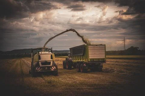 Corn chopper at night Claas Jaguar silage harvest Stock Photos