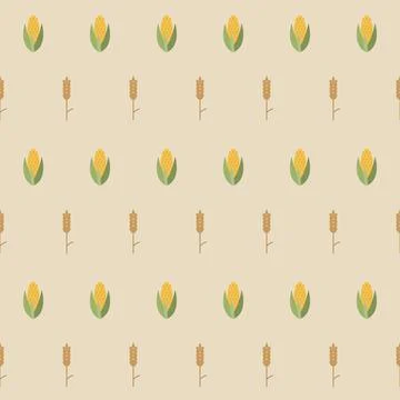 Corn cob and wheat ear seamless pattern on beige background, flat design Stock Illustration