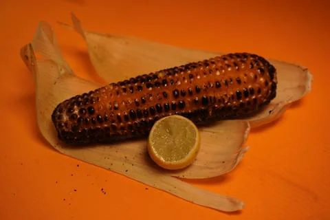 Corn on the cob are being roasted over glowing red embers in a traditional Stock-Fotos