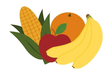 Corn on the cob Bananas Apples Oranges Fruits Composition. Stock Illustration