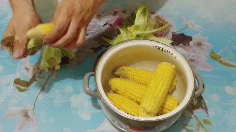 Corn cob boiling in a pot Stock Footage 134344913