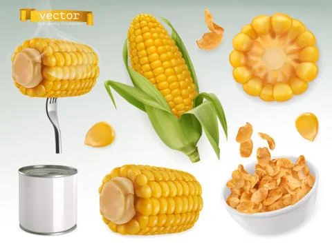 Corn cob, grains, corn flakes. Set 3d vector elements. Package design Stock Illustration