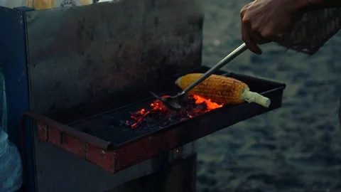 Corn Cob On The Grill Food Snack Bali Indonesia Close Up Stock Footage 104536503