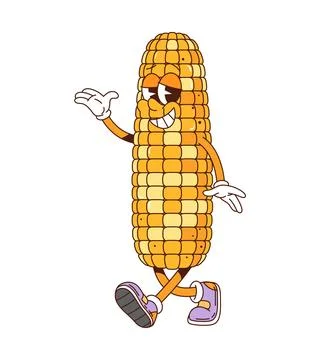 Corn cob retro groovy barbeque grill character Stock Illustration