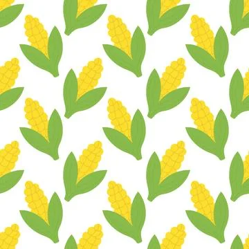 Corn cob seamless pattern with leaves. Vector background. Stock Illustration