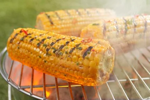 Corn on the cob sizzling on the fire Stock Photos