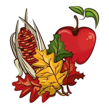 Corn cob vegetable and apple with leafs thanksgiving イラスト素材