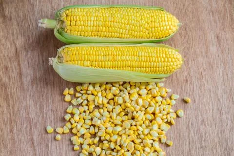 Corn cobs and corn grains on wood background Stock Photos