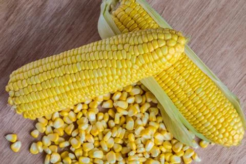 Corn cobs and corn grains on wood background Stock Photos
