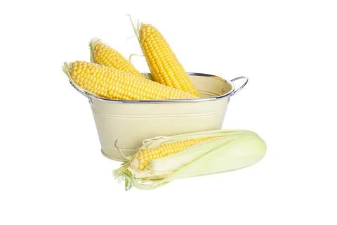 Corn cobs in basket isolated on white Stock Photos