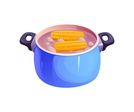 Corn cobs cooking process in a blue kitchen pot Illustrazione stock