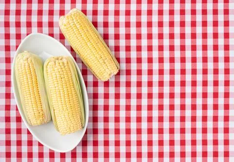 Corn cobs in a plate over red and white plaid fabric with copy space Stock Photos