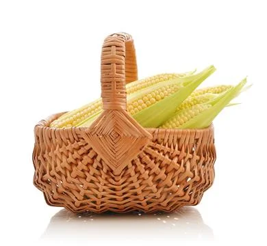 Corn cobs in wicker basket Foto stock