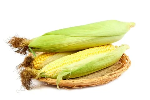 Corn cobs on a wicker plate on a white Stock Photos
