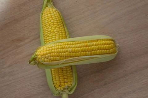 Corn cobs on wood background 스톡 사진