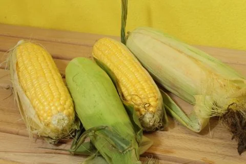 Corn cobs on a wooden table Stock Photos