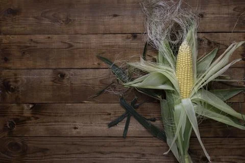 Corn on cobs on wooden table.Top view. Space for text. Stock Photos