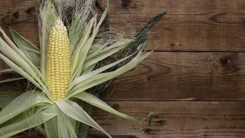 Corn on cobs on wooden table.Top view. Space for text. Stock Photos