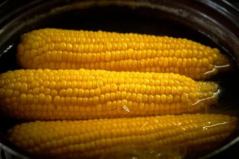 Corn is cooked in a pan in the kitchen Stock Photos