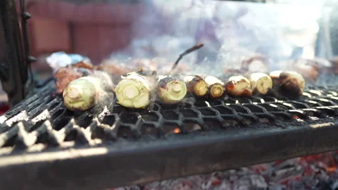 Corn cooking on BBQ with smoke and sun rays slow motion Vídeos de archivo 132819239