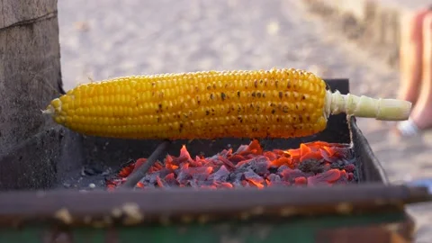 Corn cooking over hot barbecue coals on tropical island beach, closeup Stock Footage 134485395