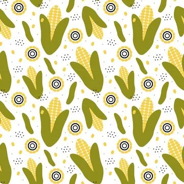 Corn crop seamless pattern on white background in cartoon style for textile イラスト素材