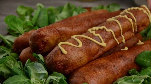 Corn dog frying, prepare, serving Stock Footage 74394849