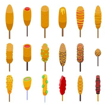 Corn dog icons set isometric vector. American carnival Illustrazione stock