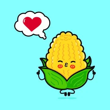 Corn doing yoga with speech bubble. Vector hand drawn cartoon kawaii charac.. Stock Illustration
