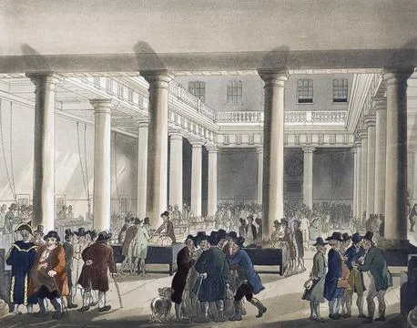Corn Exchange, Mark Lane.  Circa 1808.  After a work by August Pugin and Thomas Ilustración de archivo