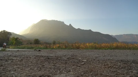 Corn fields with country roads and mountain views. Motorcycle running on the roa Stock Footage 123608493