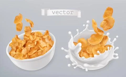 Corn flakes and milk splashes. 3d realistic vector icon set Stock Illustration