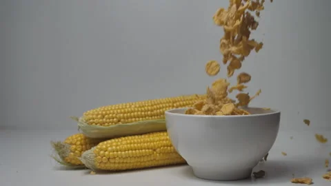 Corn flakes fall into a bowl. corn cobs lie nearby. Stock Footage 159164859