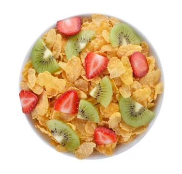 Corn flakes with fruit on white background Stock Photos
