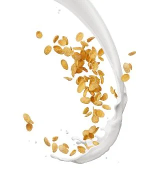 Corn flakes with milk splash Stock Photos