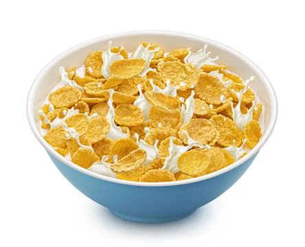 Corn flakes with milk splashes isolated on white background Stock Photos