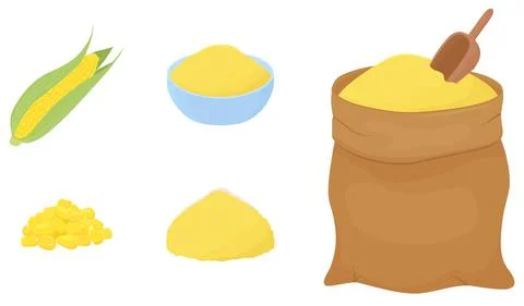 Corn flour heap at bag and bowl isolated on white Illustrazione stock