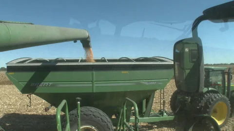 Corn grain is piped to a trailer running along side the combine, 4K Stock Footage 68824680