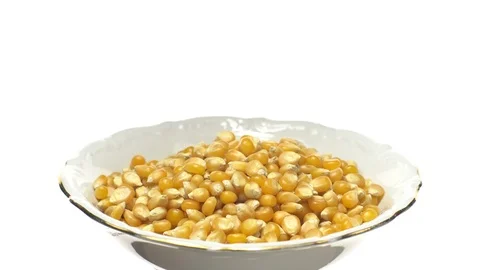 Corn grains in a bowl. Sweet maize, cereal grains. Rotation. Isolated on white. Stock Footage 101477459