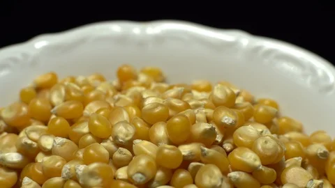 Corn grains in a bowl. Sweet maize, cereal grains. Rotation. Black background. Stock Footage 101479464