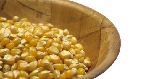 Corn grains in a bowl. Sweet maize, cereal grains. Rotation. Isolated on white. Stock Footage 101485565