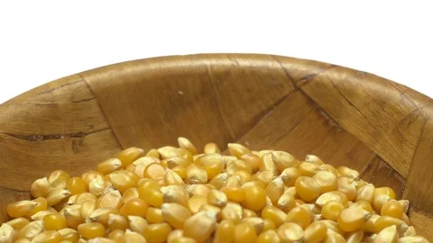 Corn grains in a bowl. Sweet maize, cereal grains. Rotation. Isolated on white. Stock Footage 101485576