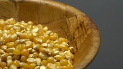 Corn grains in a bowl. Sweet maize, cereal grains. Rotation. Grey background. Stock Footage 101485729