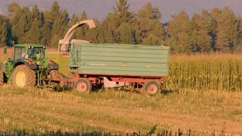 Corn harvesting machines working in the farming field, Slovenia Stock Footage 163366592
