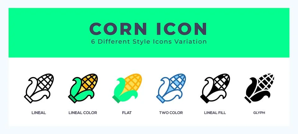 Corn icon set with different styles. Design elements for logo. Vector illus.. Illustrazione stock