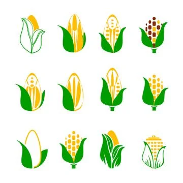 Corn icons set isolated on white. Rye seed with green leaf. Vector illustration Stock Illustration