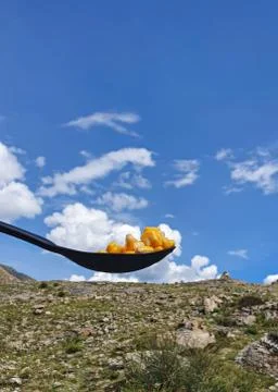 Corn kernels in the spoon with the background of the sky Stock-Fotos